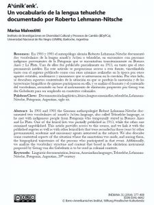 Malvestitti M (2014) Ahúnik’ənk’. Un vocabulario de la lengua tehuelche documentado por Roberto Lehmann-Nitsche. INDIANA-Estudios Antropológicos sobre América Latina y el Caribe 31: 377–408.