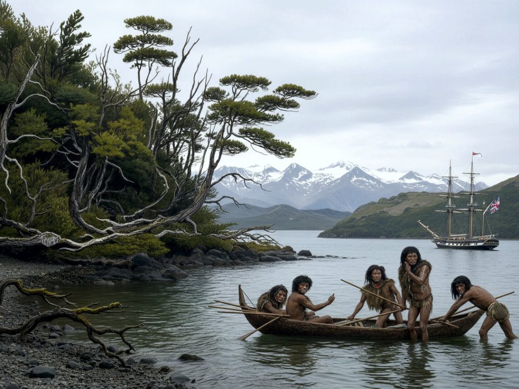 Yámanas en una ensenada en el Canal Beagle. Imagen generada del grabado de Martens & Landseer en Fitz Roy (1839).